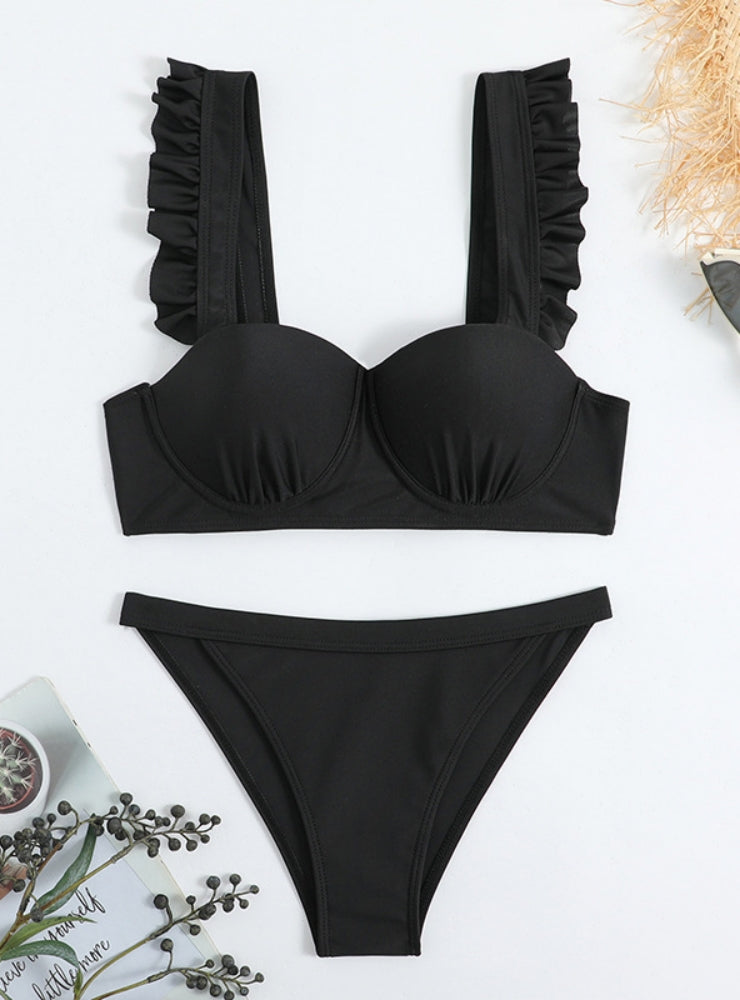 Split Hard Cup Pleated Flash Strap Swimsuit