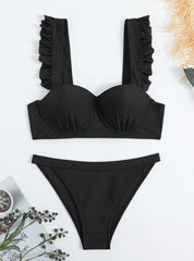 Split Hard Cup Pleated Flash Strap Swimsuit