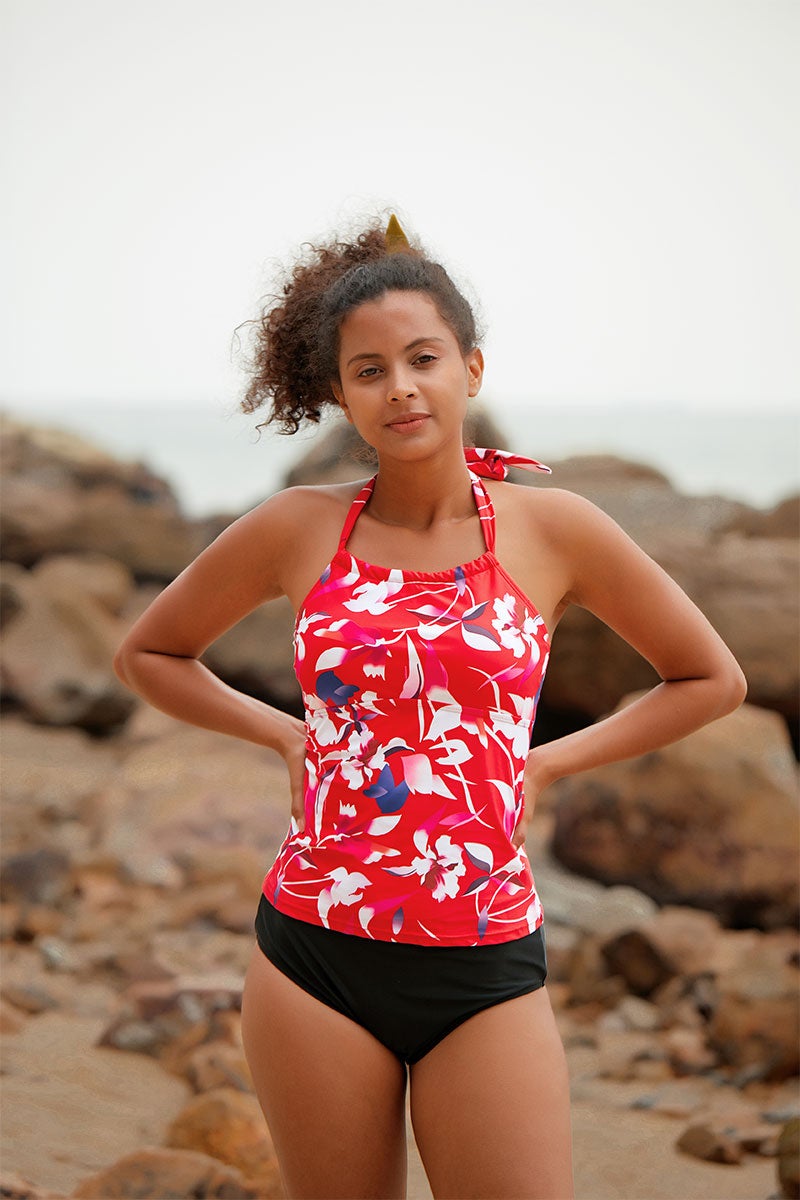 Floral Print Halter Collar Classic Tankini