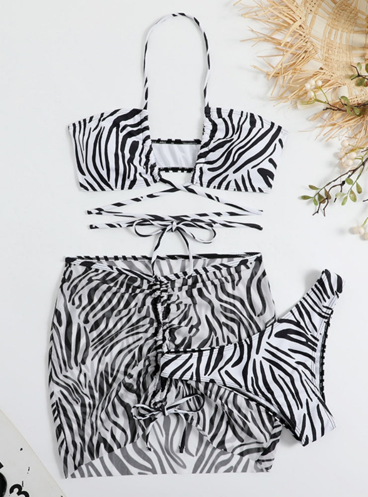 Striped Drawstring Lace-up Three-piece Swimsuit Bikini