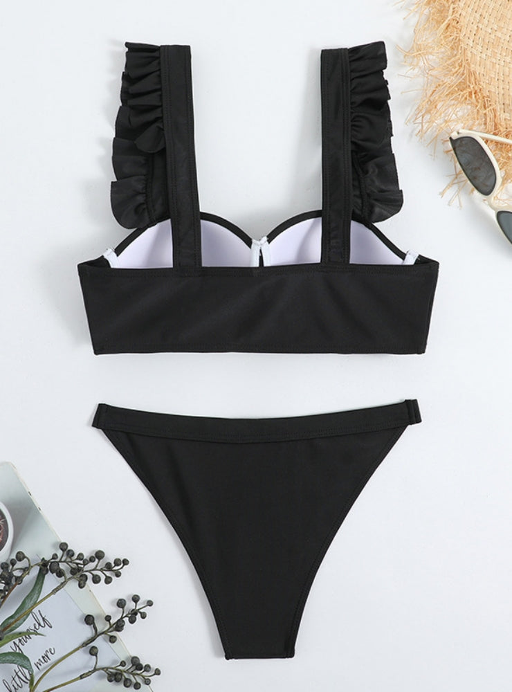 Split Hard Cup Pleated Flash Strap Swimsuit