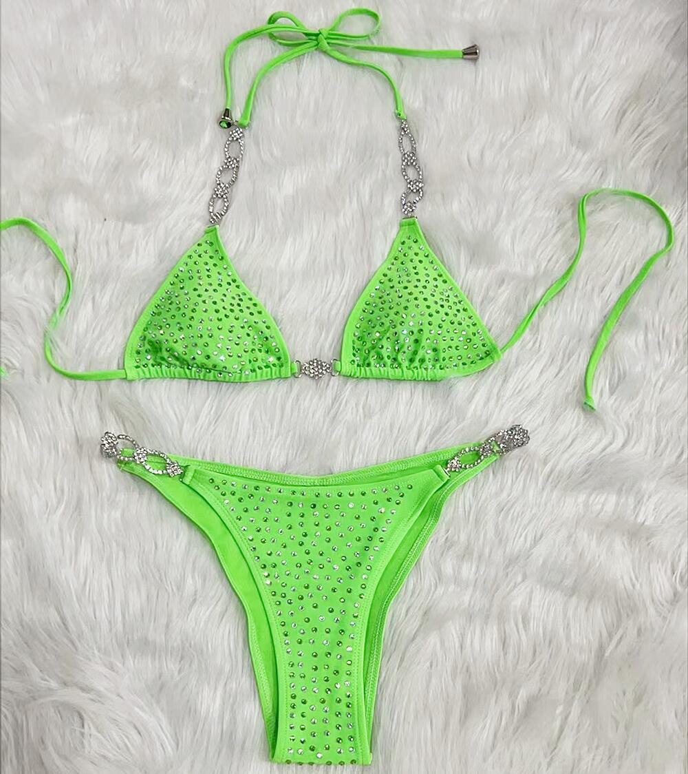 Sexy Rhinestones Split Solid Color Strap Bikini