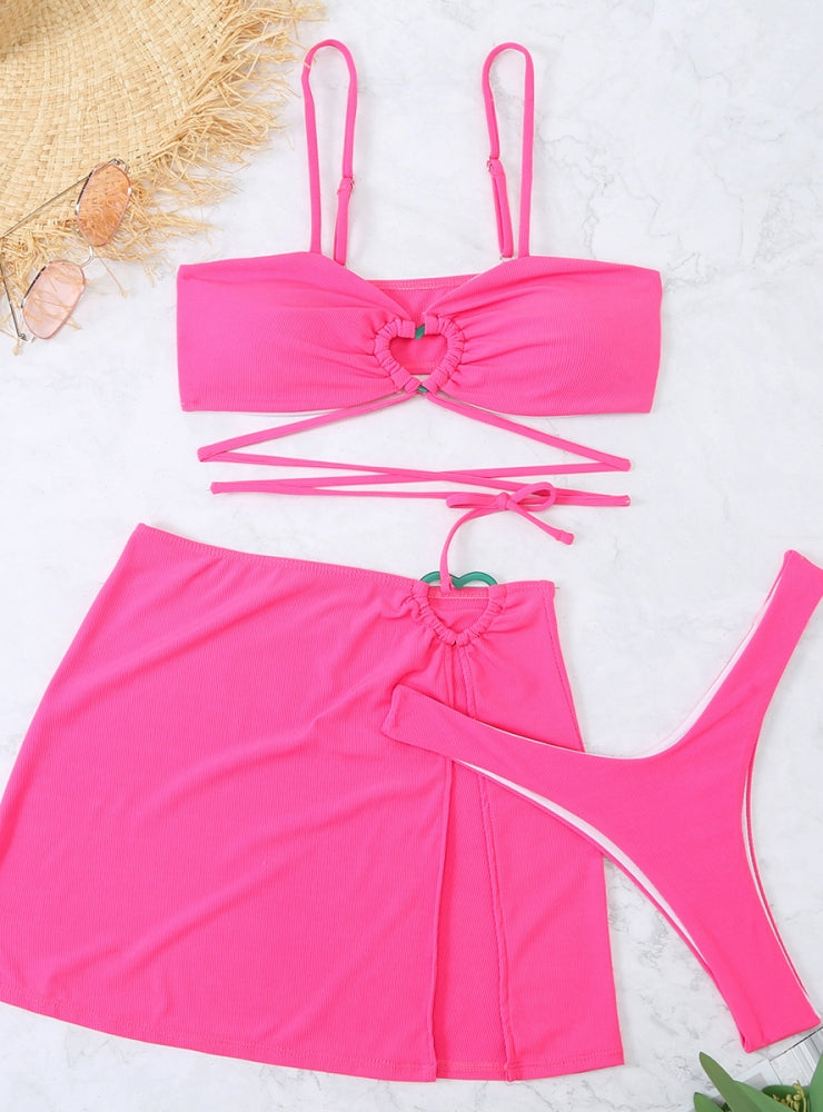 Solid Color Bandage Love Sexy Three-piece Bikini