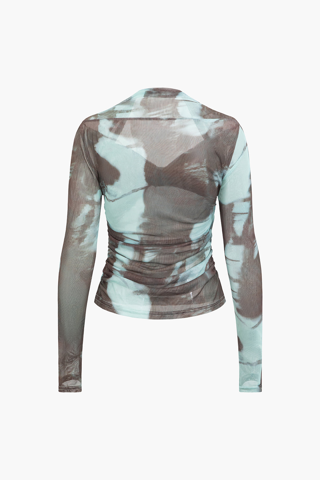 Tie Dye V-Neck Twist Front Mesh Ruched Long Sleeve Top