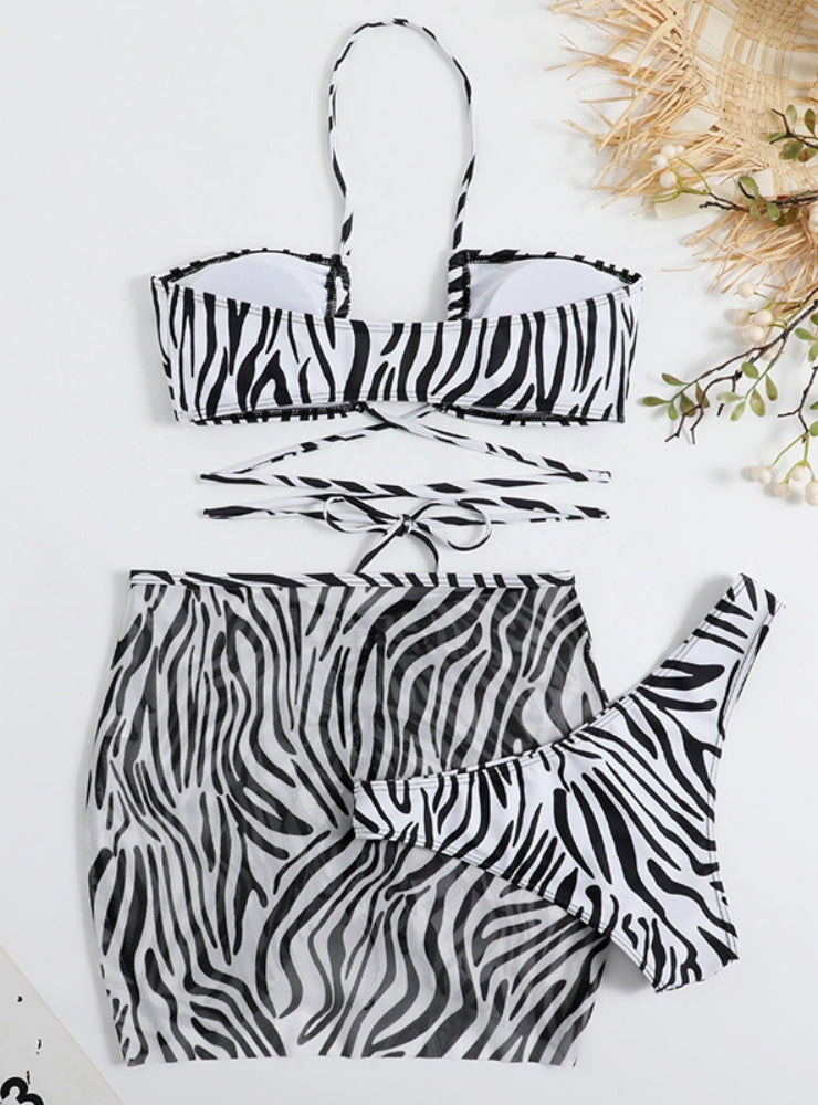 Striped Drawstring Lace-up Three-piece Swimsuit Bikini