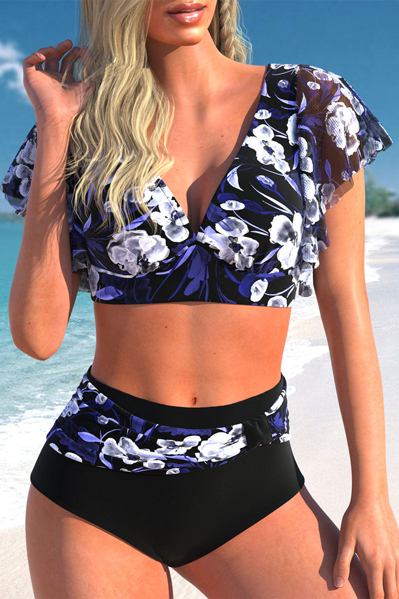 Floral Print Beachy V Neck Ruffle Sleeve Bikini