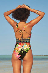 Floral Print Plunging On-trend Tie Back One Piece Swimwear