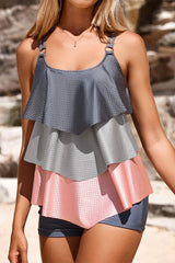 Color Block Laid Back Tiered Ruffles Flowy Tankini