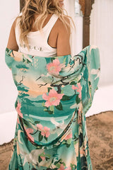 Crane Print Oriental Belted Beachwear