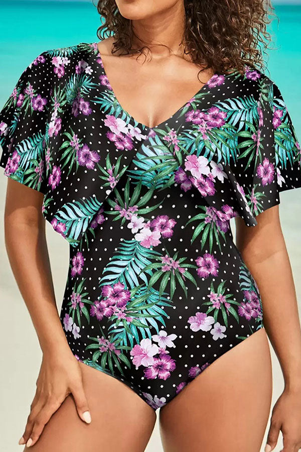 Floral Print Pretty V Neck Ruffle One Piece Swimwear