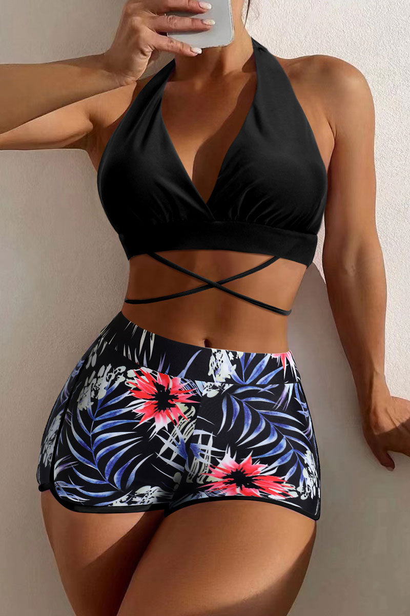 Floral Print Patchwork On-trend Strappy Bikini