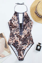 Floral Print Patchwork Glamorous Halter Collar One Piece Swimwear