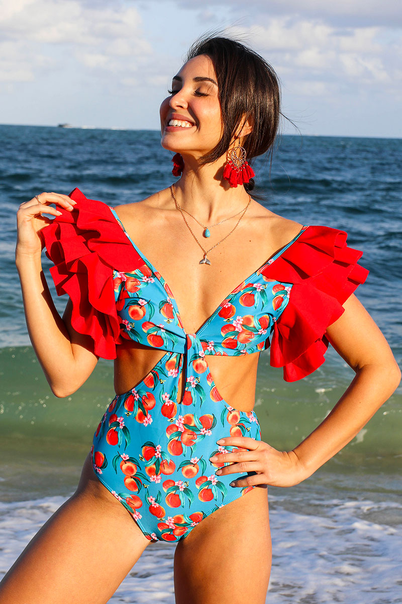 Floral Print Cute Ruffle Shoulder Cutout Waist One Piece Swimwear