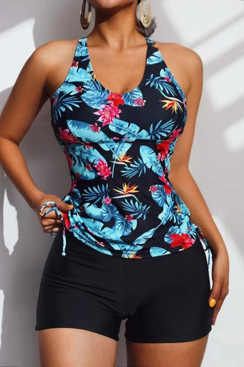 Floral Print On-trend Cross Back Drawstring Tankini