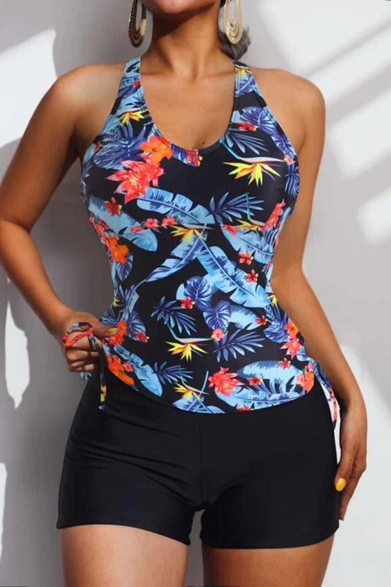 Floral Print On-trend Cross Back Drawstring Tankini