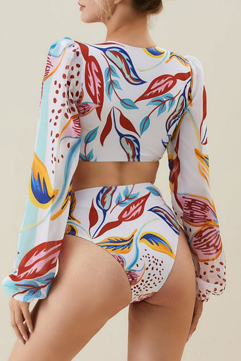 Floral Print Colorful Long Sleeve Cutout One Piece Swimwear