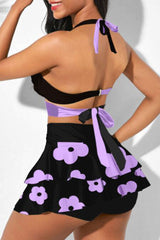 Color Block Flower Print Girly Front Wrap Bikini