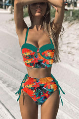 Floral Print Patchwork Tropical Strappy Bikini