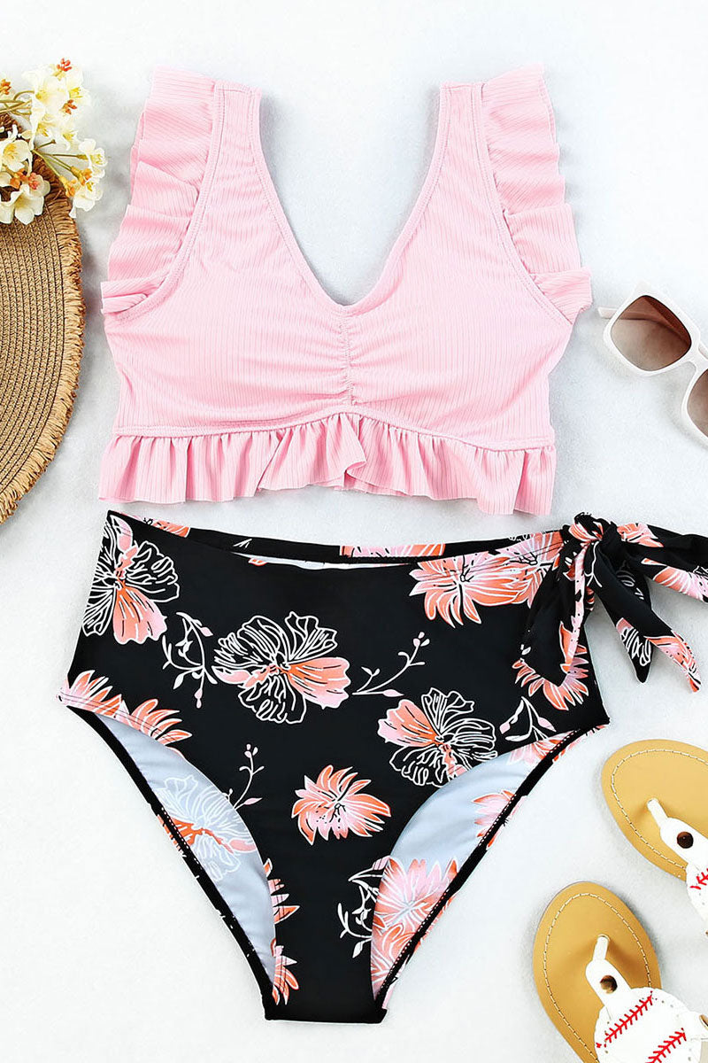 Floral Print Elegant Ruffle Lace-Up Bikini