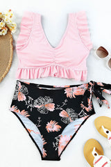 Floral Print Elegant Ruffle Lace-Up Bikini