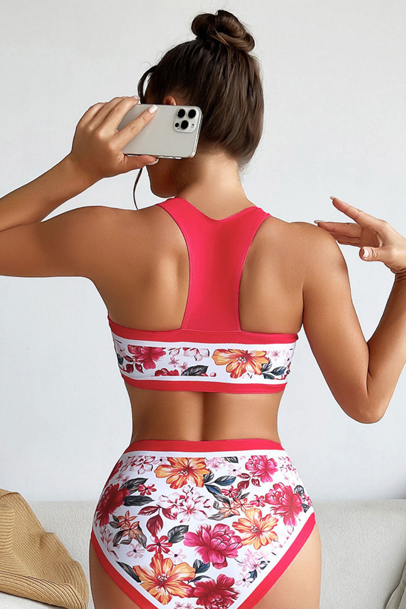 Floral Print Patchwork Unique Racerback Bikini