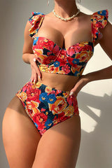 Floral Print Colorful Ruffle Strap Bikini