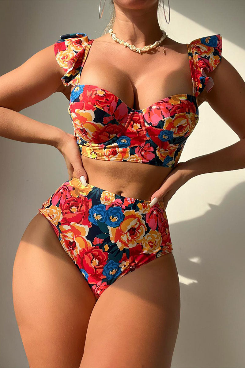 Floral Print Colorful Ruffle Strap Bikini