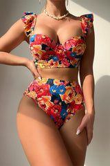 Floral Print Colorful Ruffle Strap Bikini