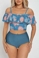 Floral Print Glamorous Ruffle Cold Shoulder Tankini