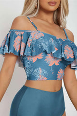 Floral Print Glamorous Ruffle Cold Shoulder Tankini