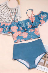 Floral Print Glamorous Ruffle Cold Shoulder Tankini