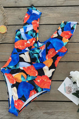 Floral Print Colorful Ruffle V Neck One Piece Swimwear