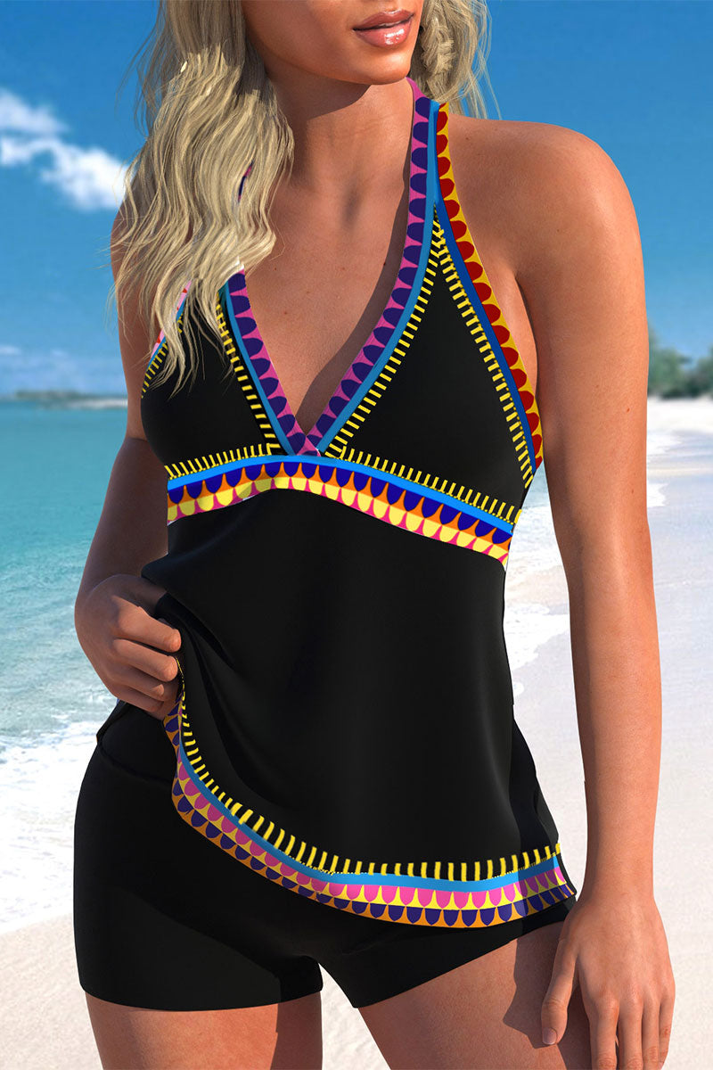 Colorful Graphic Print Patchwork Halter Collar Tankini