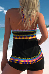 Colorful Graphic Print Patchwork Halter Collar Tankini