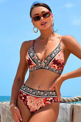 Floral Print Patchwork Retro V Neck Bikini