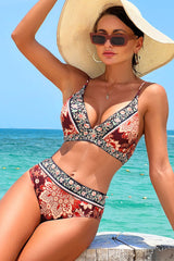 Floral Print Patchwork Retro V Neck Bikini