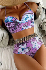 Floral Print Elegant Gold Trim Patchwork Bikini