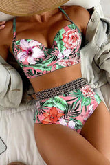 Floral Print Elegant Gold Trim Patchwork Bikini