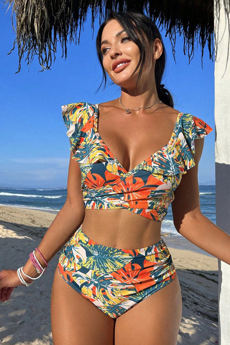 Floral Print Glamorous Ruffles Front Wrap Bikini