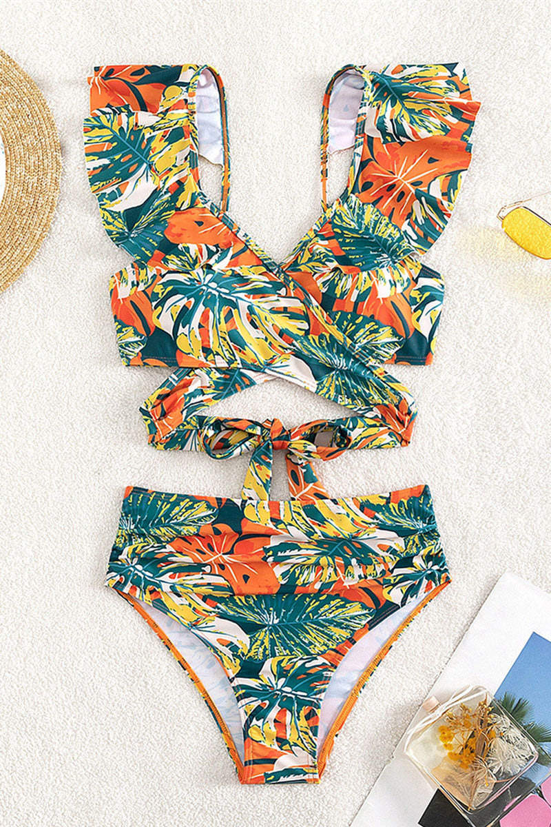 Floral Print Glamorous Ruffles Front Wrap Bikini