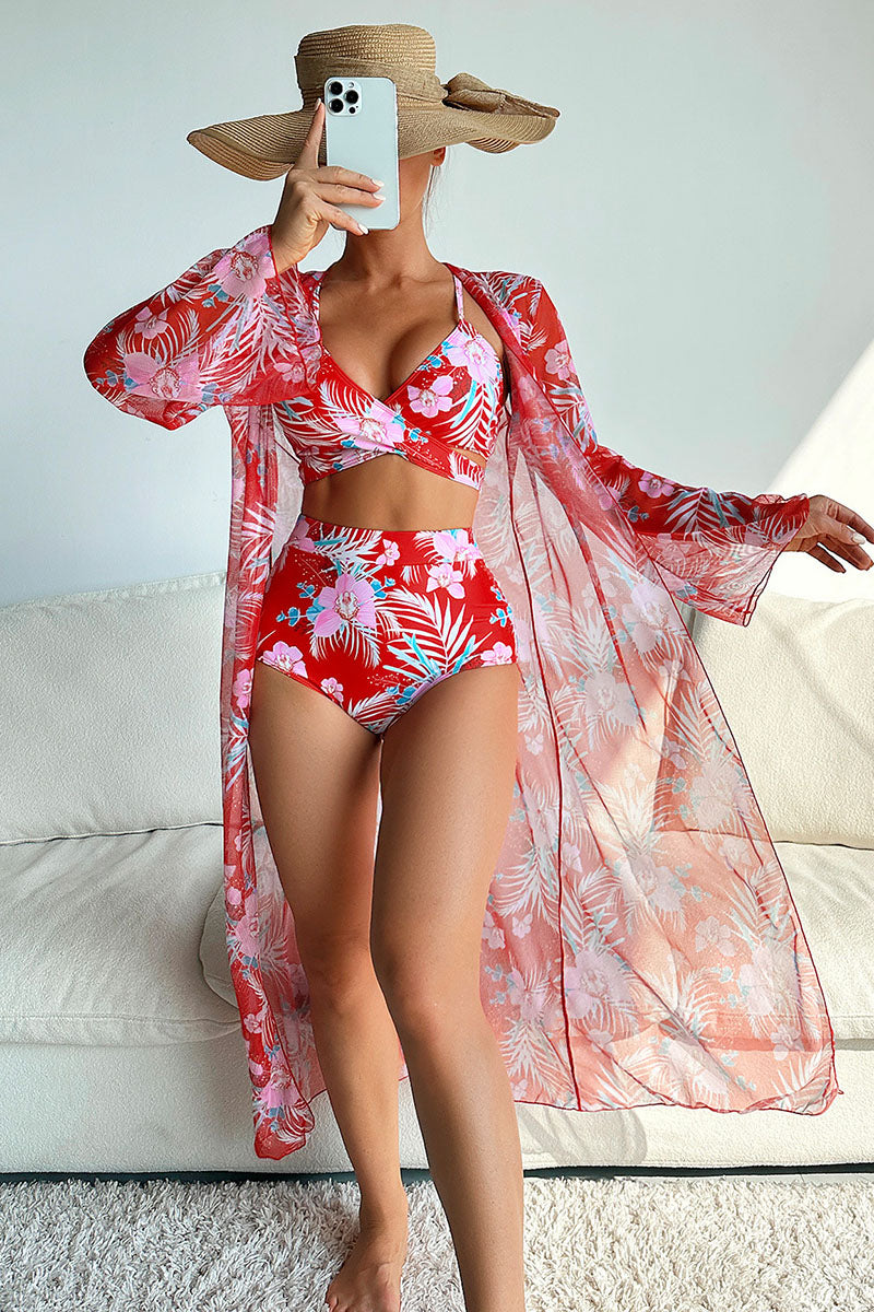 Floral Print Beachy Front Wrap Three Pieces