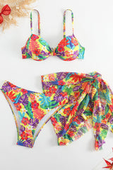 Floral Print Colorful Spaghetti Strap Underwired Three Pieces