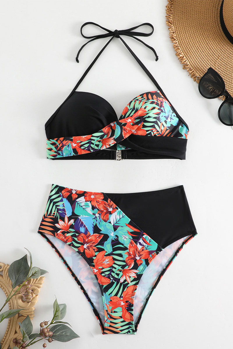 Floral Print Patchwork Tropical Halter Collar Bikini