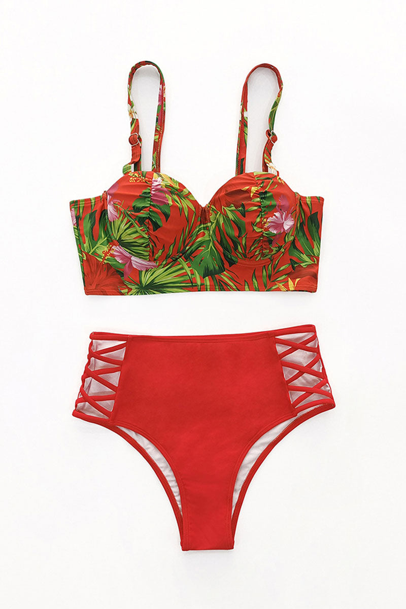 Floral Print Feminine Cutout High Waist Bikini