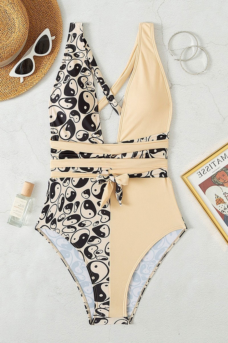 Chinese Tai Chi Print Stylish Strappy One Piece Swimwear