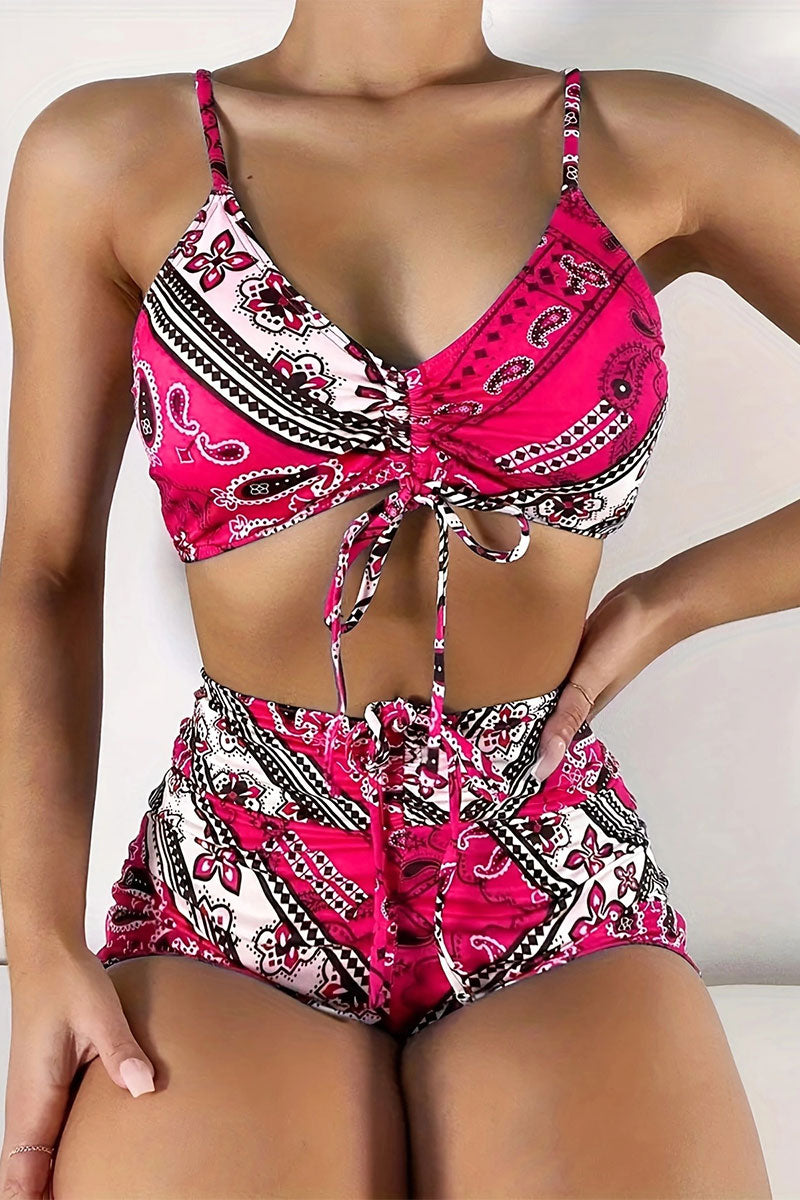 Paisley Print Relaxed Drawstring High Waist Bikini