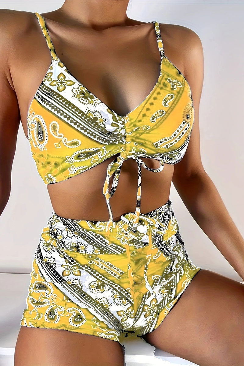 Paisley Print Relaxed Drawstring High Waist Bikini