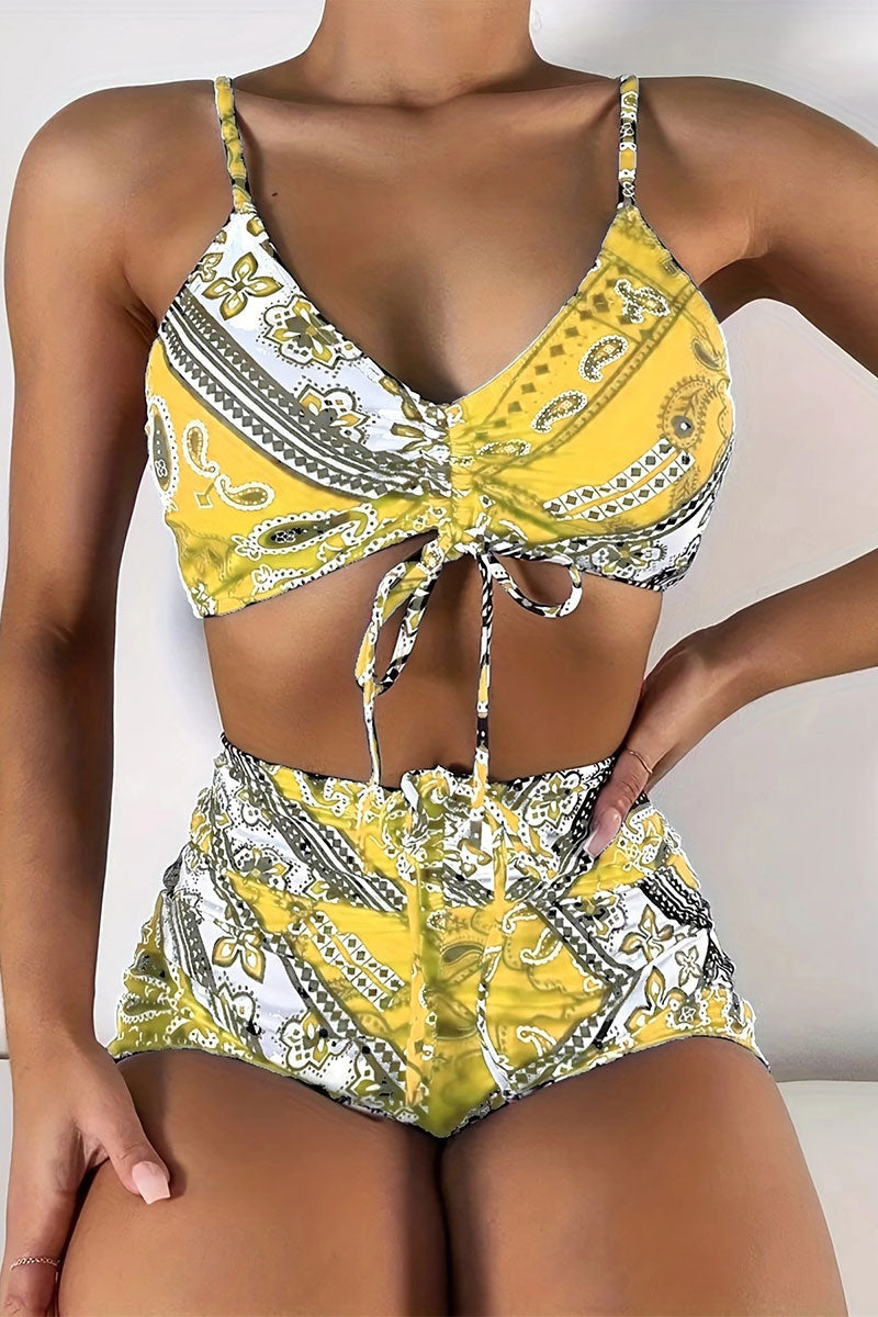 Paisley Print Relaxed Drawstring High Waist Bikini