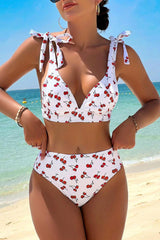 Cherry Print Girly Tie Shoulder V Neck Bikini