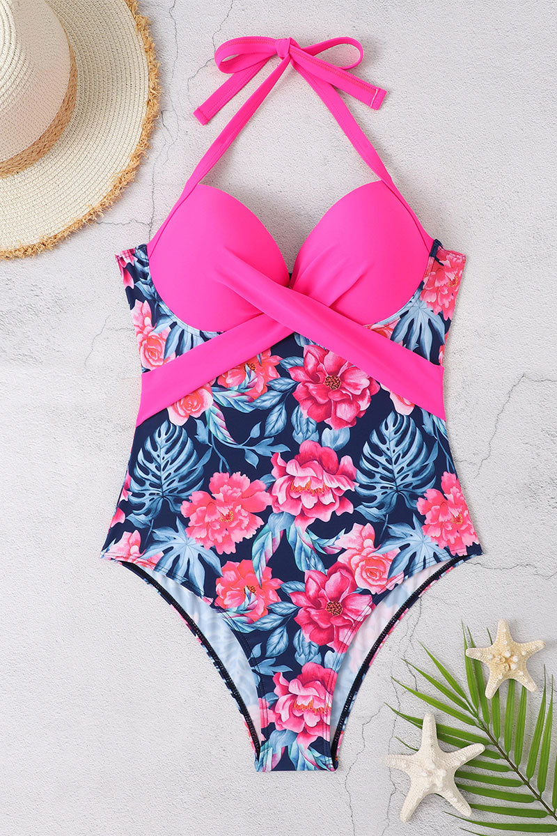 Floral Print Feminine Halter Collar Front Wrap One Piece Swimwear